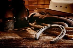 Western horse riding kit with horse shoe, cowboy hat, cowboy boots, and lasso 