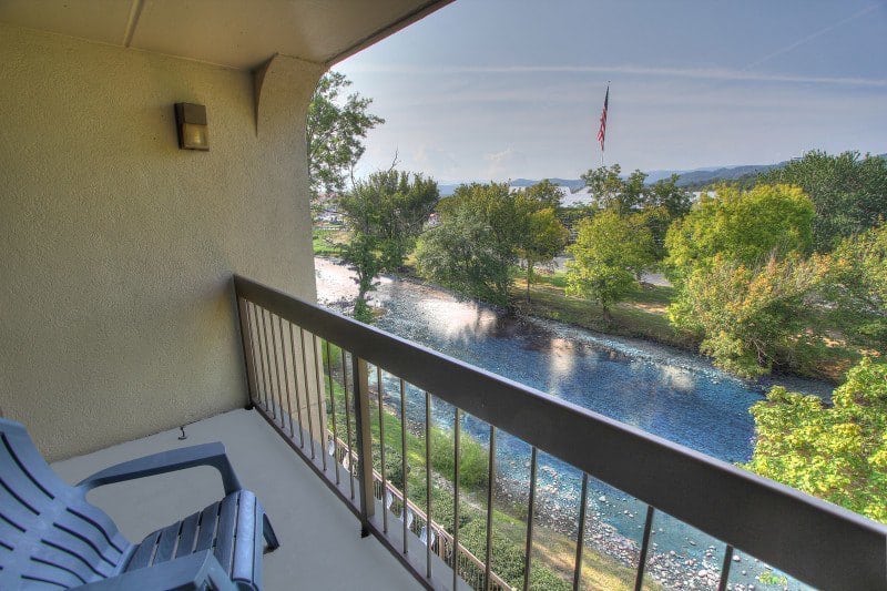 Beautiful view of the Little Pigeon River from the balcony of The Inn On The River hotel.