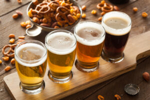 craft beer on table with pretzels