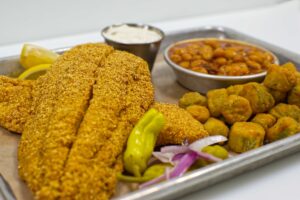 southern catfish with beans on tray